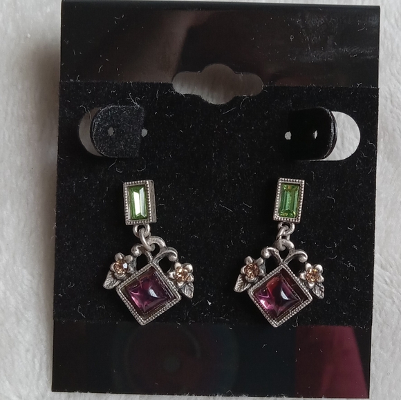Silver Tone Geometric Floral Drop Earrings - Picture 4 of 4